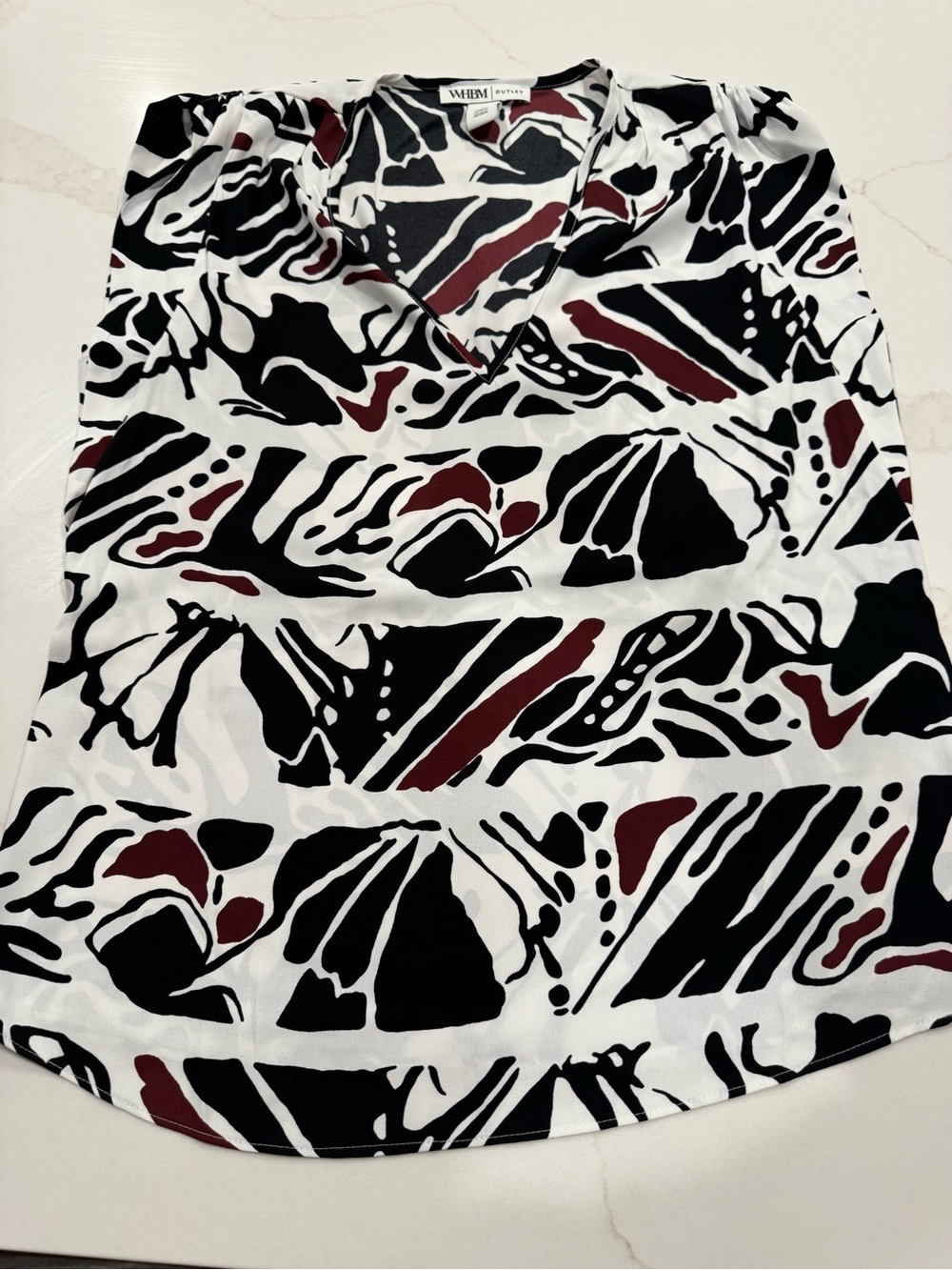 White House Black Market Abstract Print V-Neck Blouse in Black, White & Burgundy